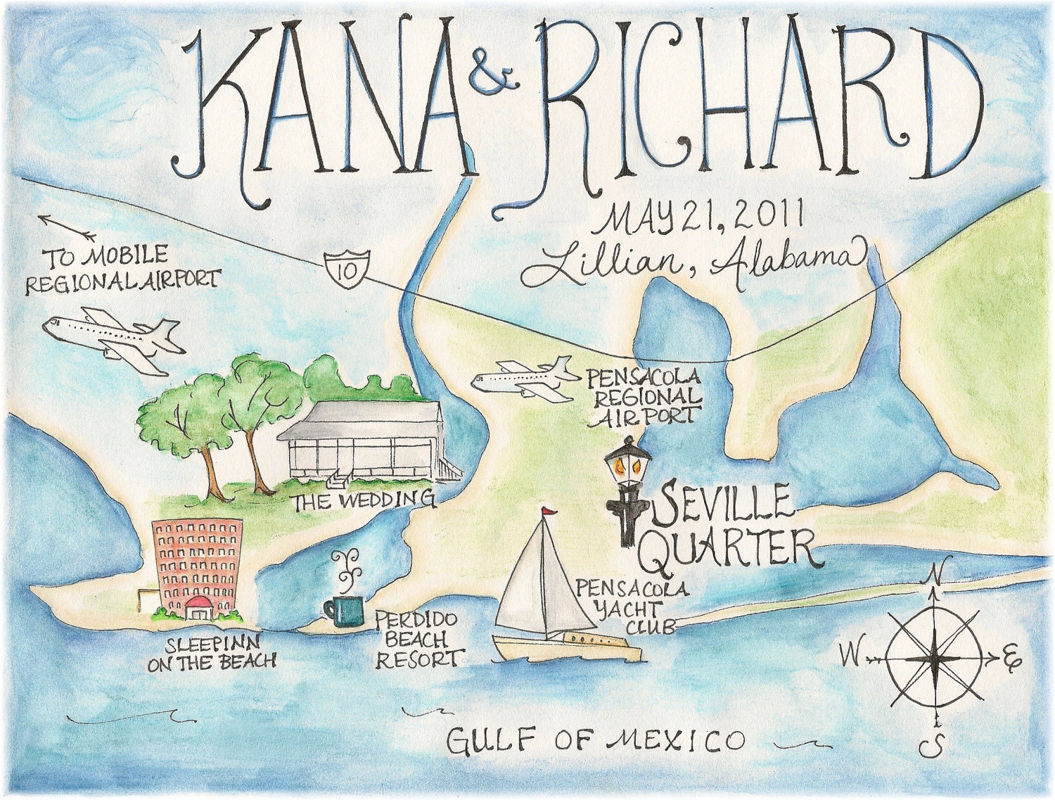 Custom Wedding Map -- Pen and Ink with Watercolor -- Digital File