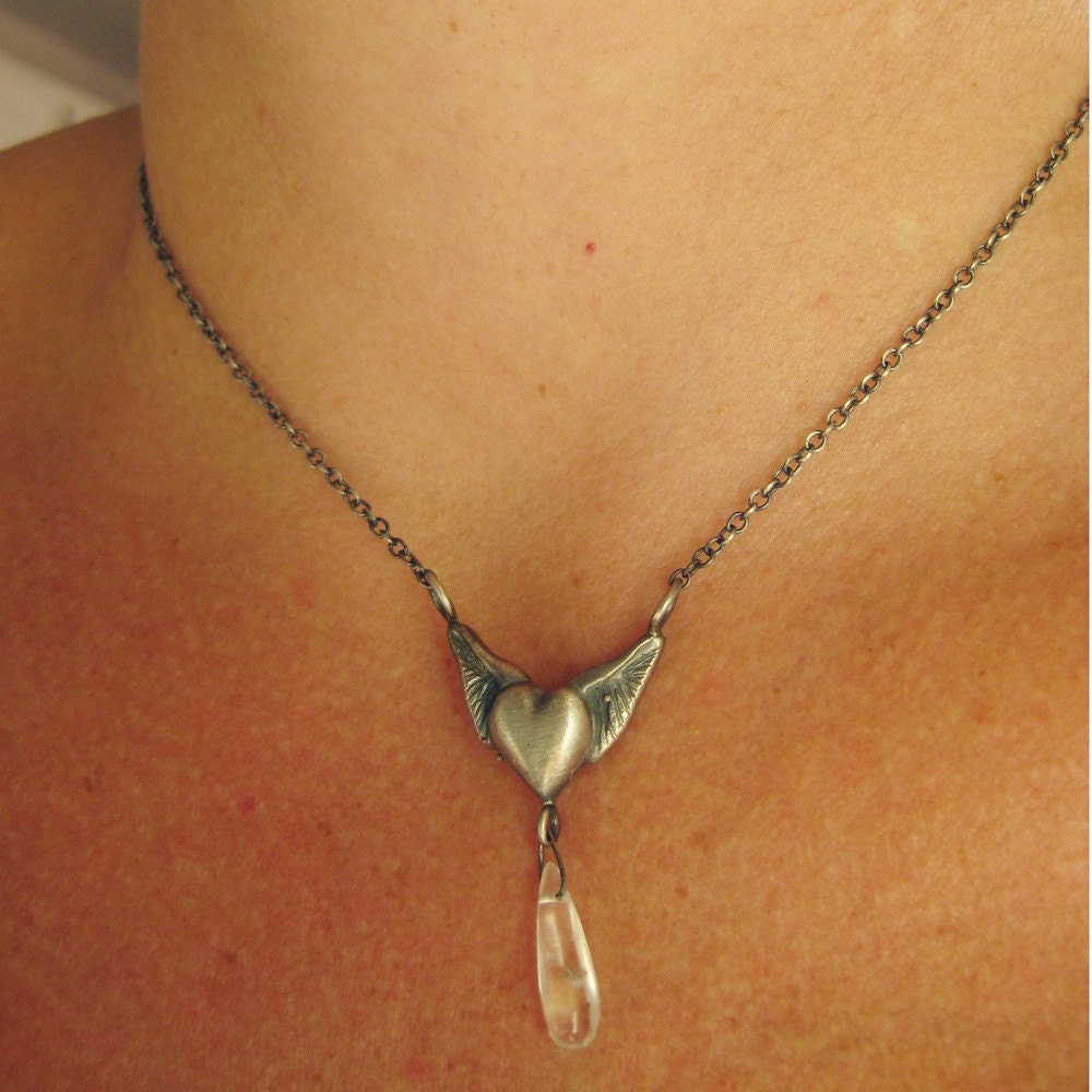 Winged Heart with Quartz Tear Drop Necklace
