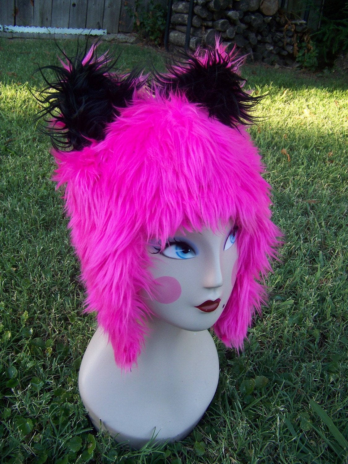 Hot Pink Furry Kitty Cat Ears Aviator Fur Hat Perfect for Burning Man Furries Anime Cosplay