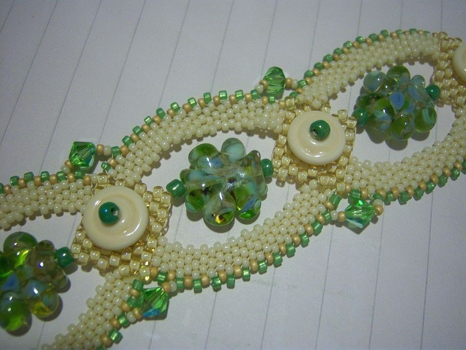 Cream and Green Flowers Beadweaving Bracelet