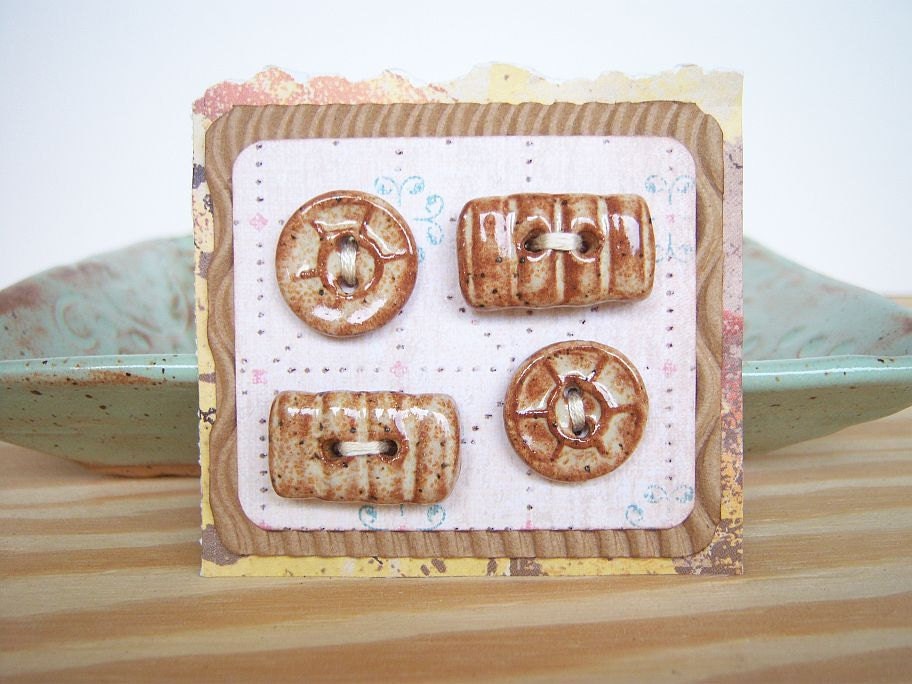 Speckled Tan Clay Buttons - Flat Round and Chunky Rectangles - Set of Four