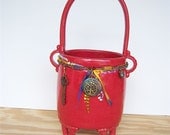 Red Embellished Beaded Stoneware Ceramic Basket