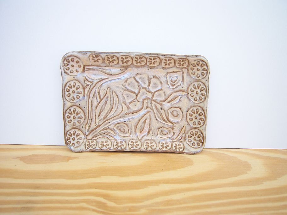 Stamped Ceramic Soap Dish in Creamy Peach Glaze