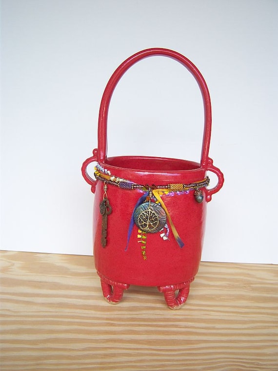Red Embellished Beaded Stoneware Ceramic Basket