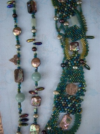 Paua Shell Freeform Beadweaving Necklace Statement Necklace