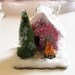 Vintage Putz Style Tiny Miniature Red Glitter Sugar House Shabby Christmas Village Child Ornament Tiny Bottle Brush Tree