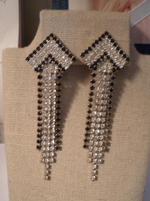 Vintage Art Deco Rhinestone and Black Onyx Dangle Earrings, 1940