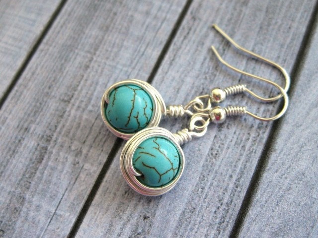Wire Wrapped Earrings, Turquoise Stones