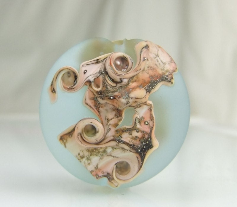 Etched Pale Aqua andSilvered Coral Ivory Lampwork Lentil Focal Bead