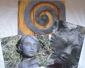 Set of 3 postcards with a grey theme of swirls, faces, and sculpture