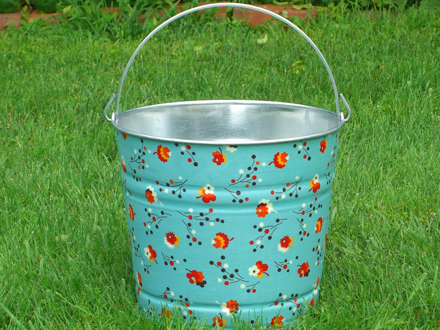 Fabric Decoupaged Galvanized Bucket Flea Market Fancy Turquoise Posies