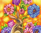 Happiness in Flowers - CUTE ART PRINT - 8 x 10 - by Mandy Saile - Rabbit, Flowers, Mothers Day, Spring, Nature, Friendship, Love