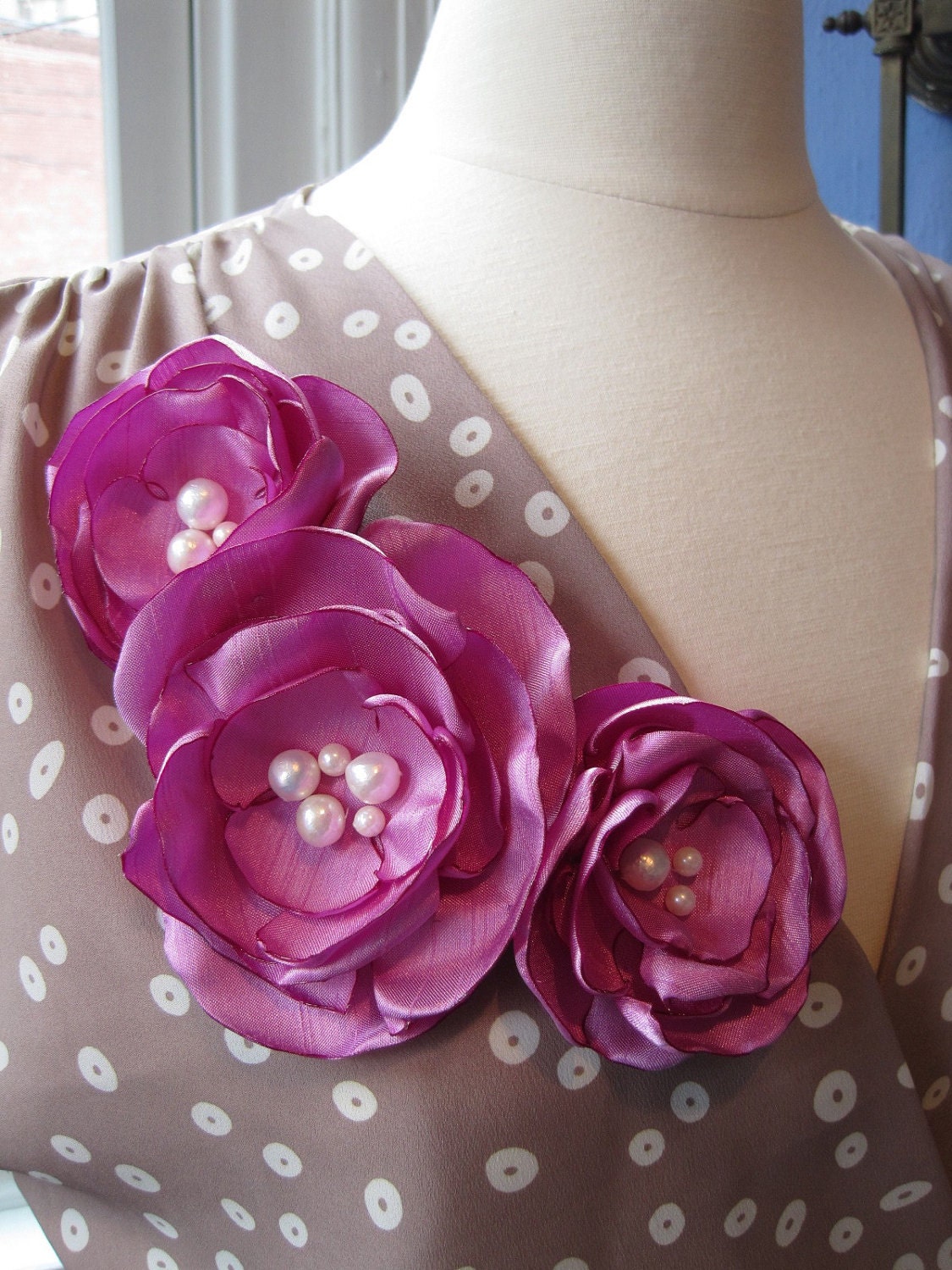 fabric flower brooch - peony corsage pin in vibrant pink with freshwater pearls - Made To Order - LORELAI