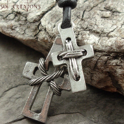 Mens Leather Cord Necklace w/ Pewter Cross Pendant