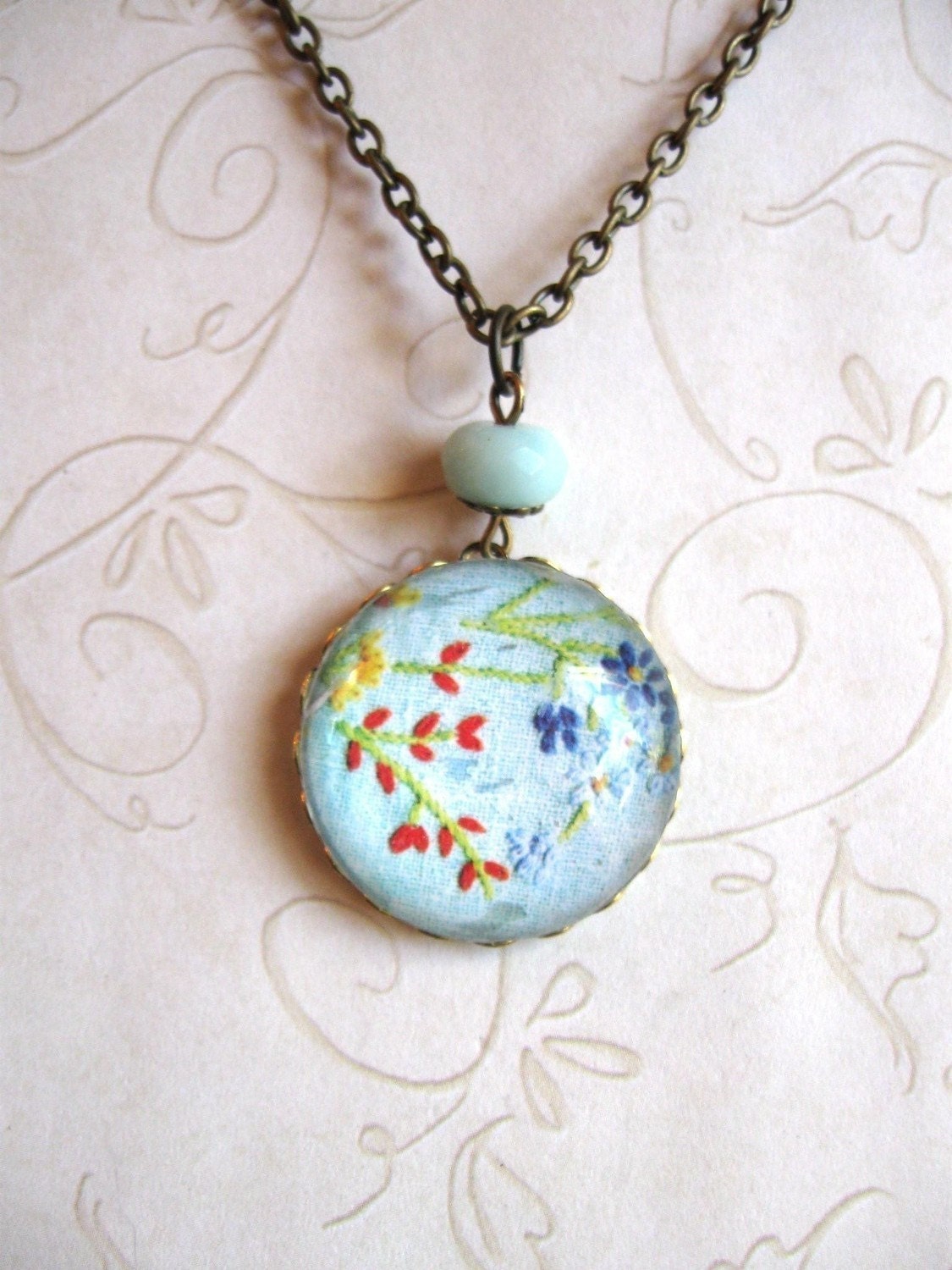 Blue Wildflower Necklace - glass cabochon - amazonite bead