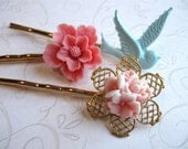 Pastel flower bobby pins, bluebird - pink hair flowers on gold plated hair pins