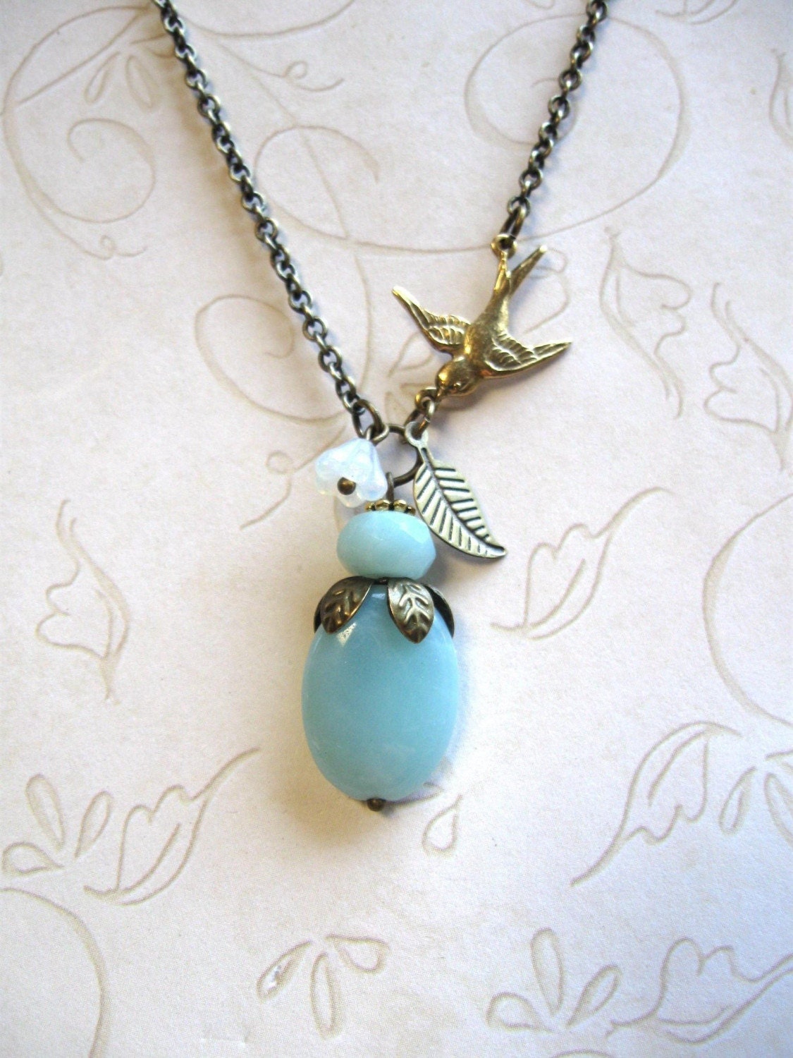 Robins egg blue necklace - amazonite stone with brass bird charm, spring time necklace