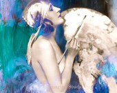 Living in a Box of Paints,  Fine Art Print, Vintage, Modern, Blue, Aqua, Indigo, Woman Portrait  8x10 Archival Giclee Print.