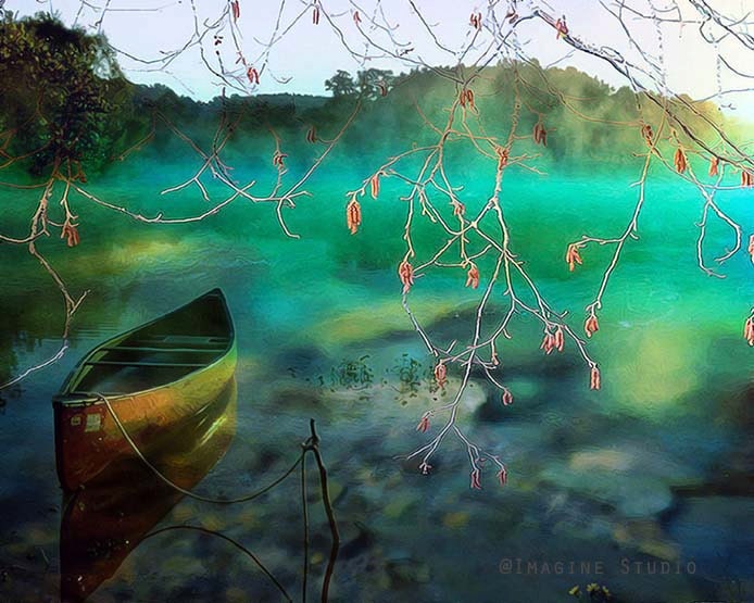 The Lone Canoe, Digital Illustration, 8x 10 Fine Art Print, Giclee Print, Nature, Lake, Landscape, Water