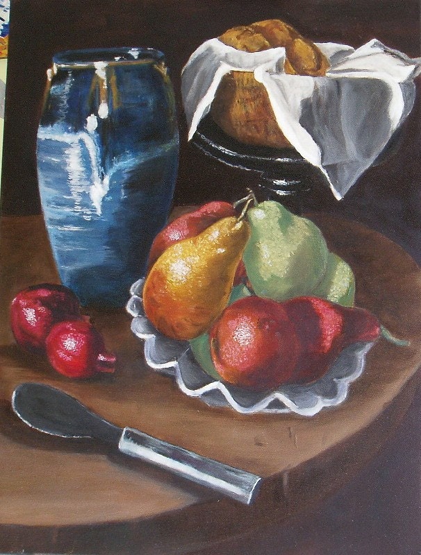 Still Life with Pears, Pomegranates,and Bread Roll