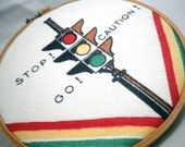 Stop Light Art Hoop - Home Decor - Vintage Linen Cocktail Napkin