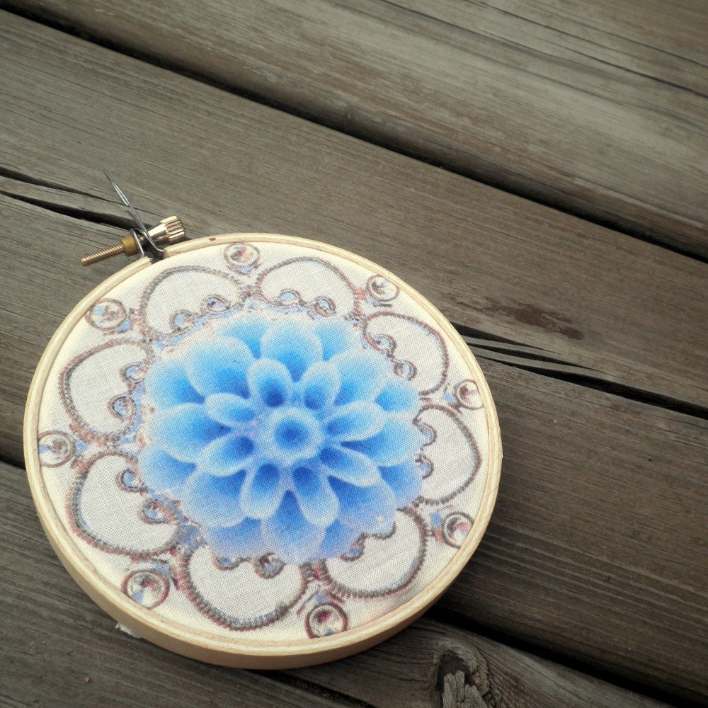 Miniature Art Hoop - Baby Blue Flower on Silver Filigree - Home Decor