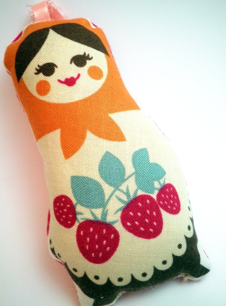 Stuffed Ornament - Bright Matryoshka Doll with Orange Scarf and Strawberries