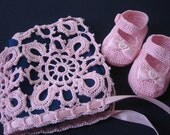 Crochet Bonnet and Booties Baby Girl Cristening Pink Lace Mary Janes Newborn or Reborn Doll