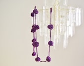 Purple crochet garland, wall hanging, pom-pom bunting, home decoration, violet flower balls