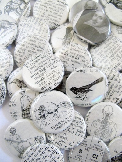 Set of 10 Pinback Buttons - VINTAGE DICTIONARY - 1.25 inches