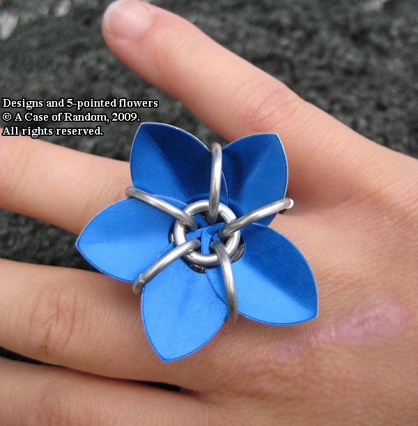 moonflower--blue and silver scale maille flower ring