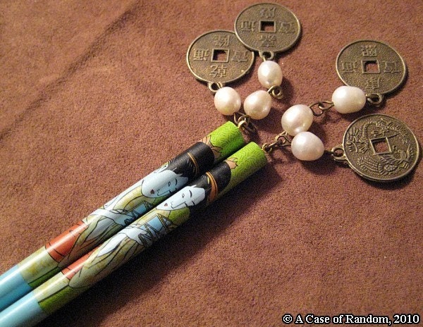 coins and pearls--blue Asian-themed hair sticks