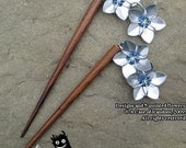 double flower hair sticks--silver and blue