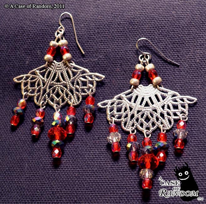 Fancy Fans -- Antiqued Silver and Red Sparkly Dangle Earrings