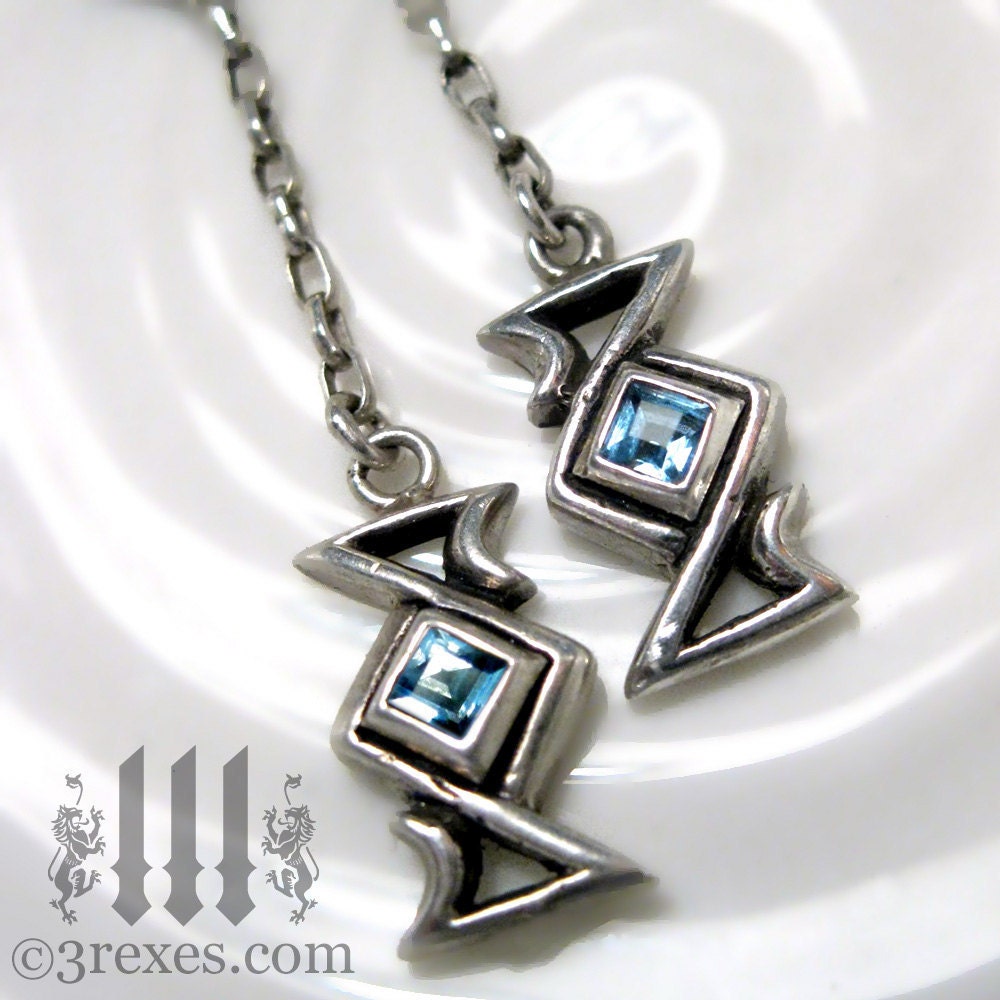 Silver Celtic Earrings Blue Topaz Stones Long Chain December Birthstone