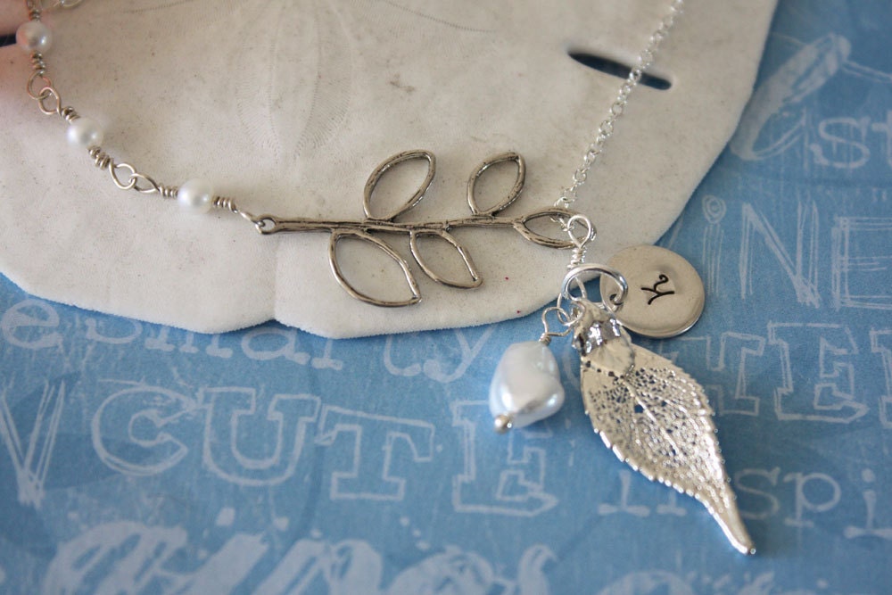Initial Branch Necklace, Pearl Necklace, Lariat Necklace, Sterling Silver Necklace