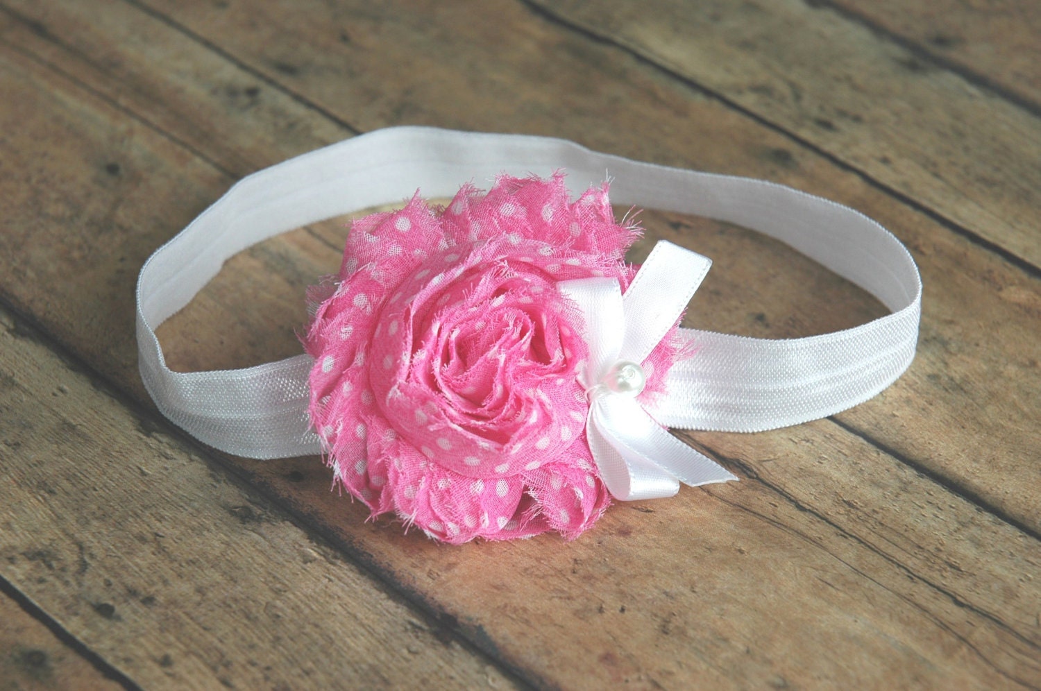 Shabby Chic Chiffon Fabric Flower Headband . In Pretty Pink Swiss Dot . Skinny Elastic Headband or Hair Clip . Photo Prop