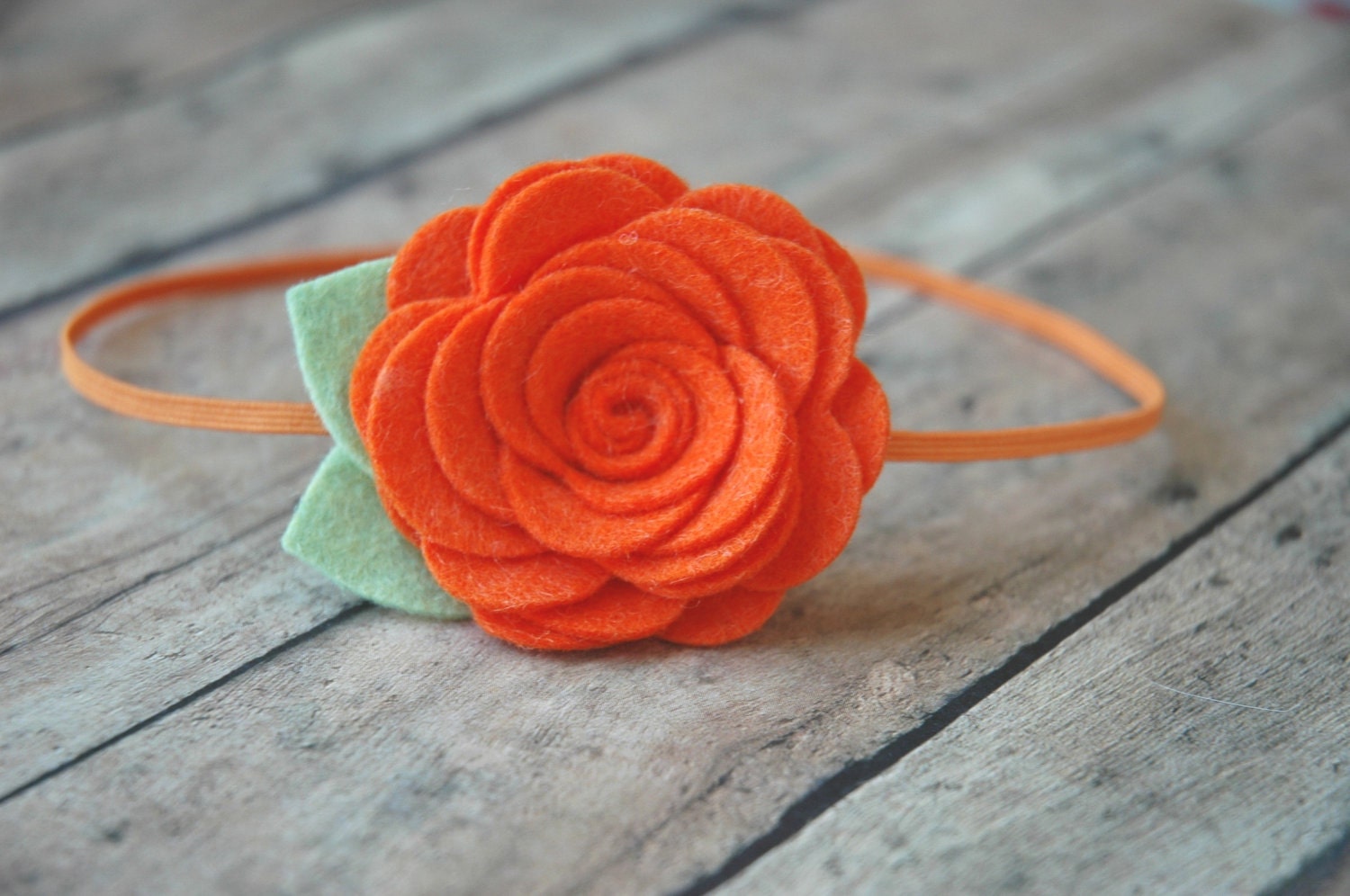 Wool Felt Flower Headband - Large Rose In Orange - Skinny Elastic Headbands