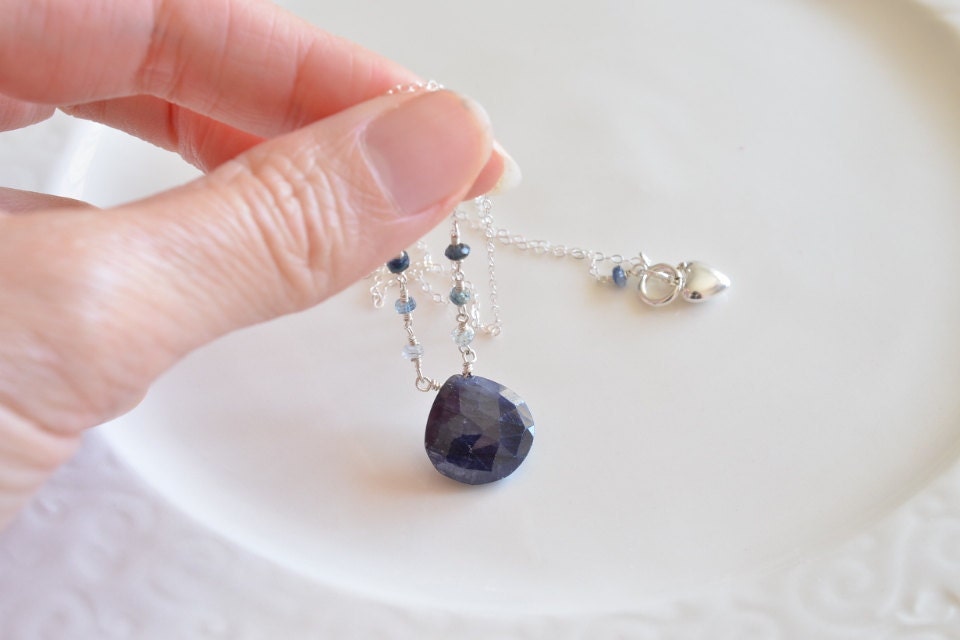 Blue Sapphire & Heart Charm Shiny Sterling Silver Necklace