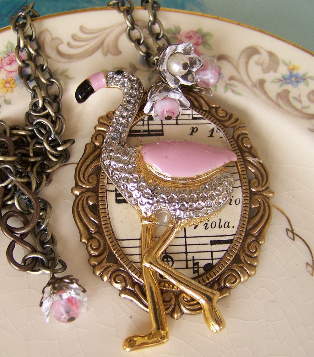 Fabulous Flamingo-Repuposed brooch-Altered Art Necklace