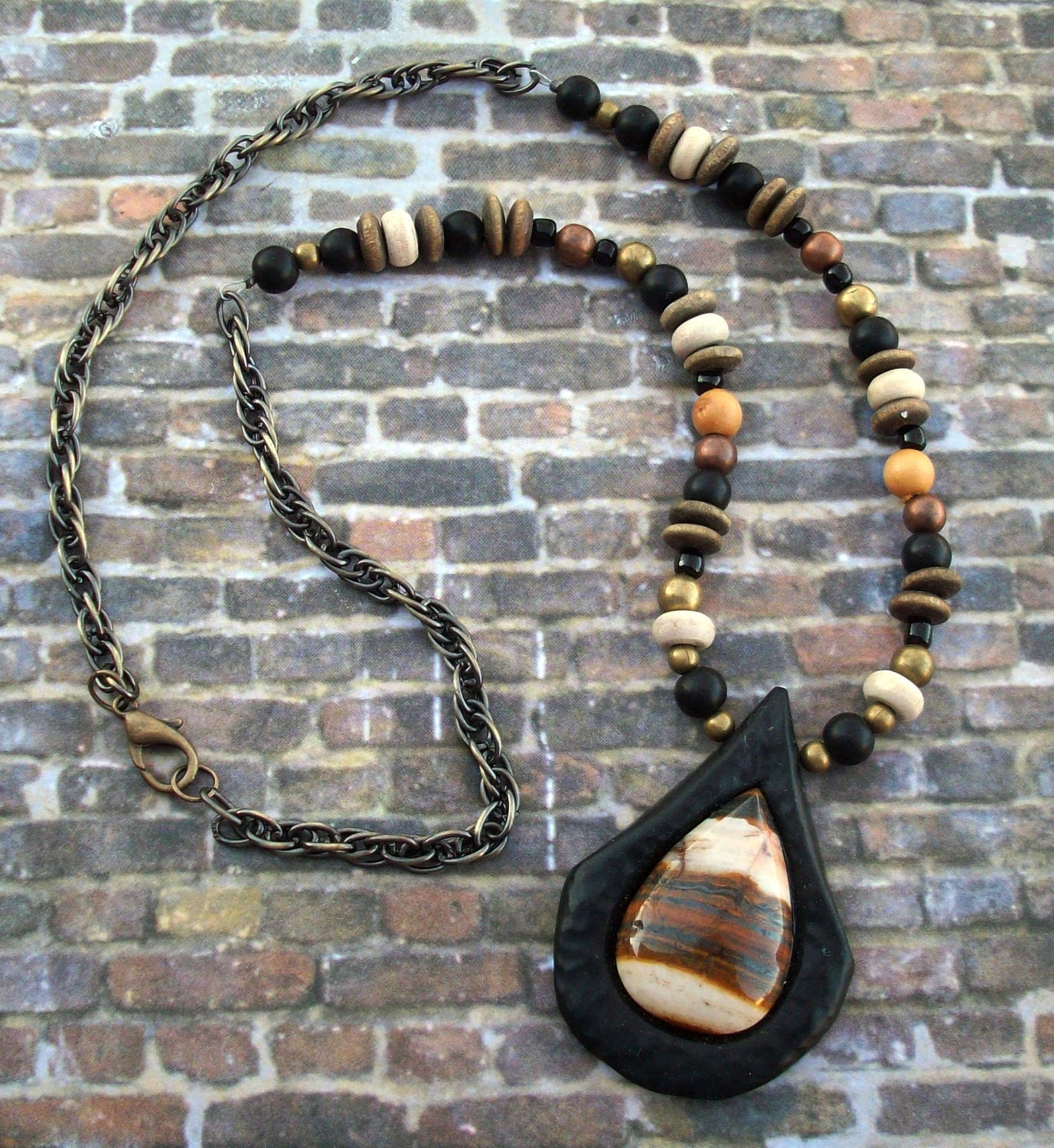 Stone Necklace Polymer clay Iron Tigers Eye and Beads