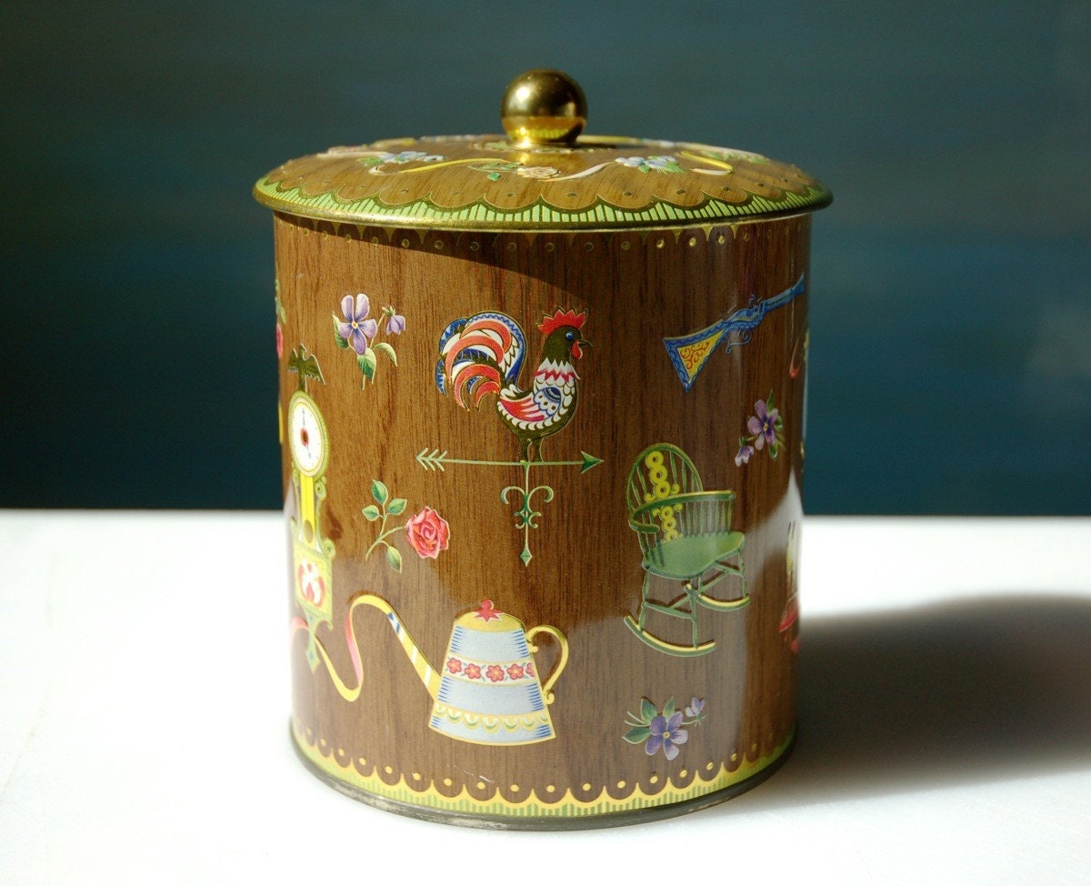 Vintage Faux Bois Tea Tin. Brown, Green and Gold Design of Clocks and Rifles. England