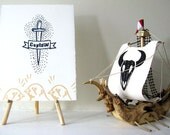 Screenprint - captain, sword, pirate, birds, navy blue, beige, boat, nautical, art print
