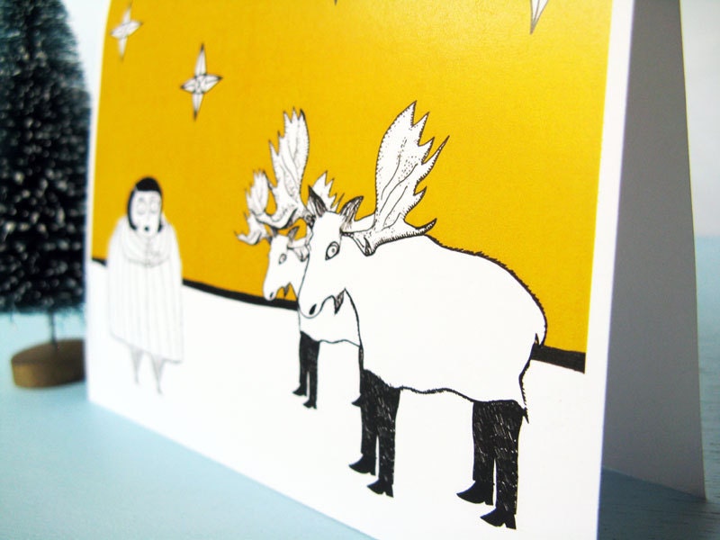 Christmas card, Holiday Greeting Card, Funny Christmas card, Blank card, Deer, Elk - strange encounter