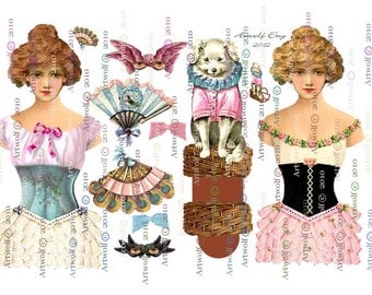 DIGITAL PAPER DOLLs  2 Stage Theatre Showgirl Circus Dolls  Altered art Vintage Pet Dog masks Download Papercrafts  Scrapbooking Cardmaking