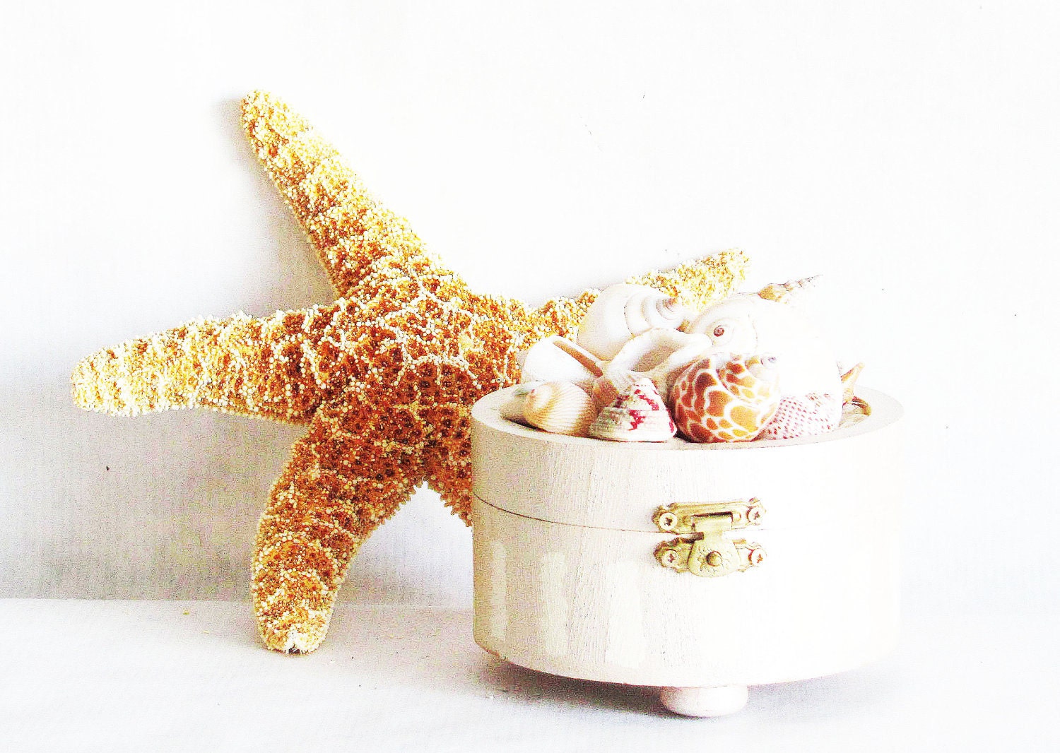 seashell trinket box, painted wood box, beach cottage decor, coastal living decor, decorated box
