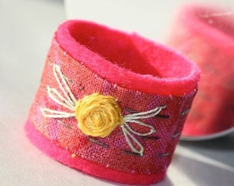 Pink Flambe Textile Fabric Rose Ring Hand Embroidery