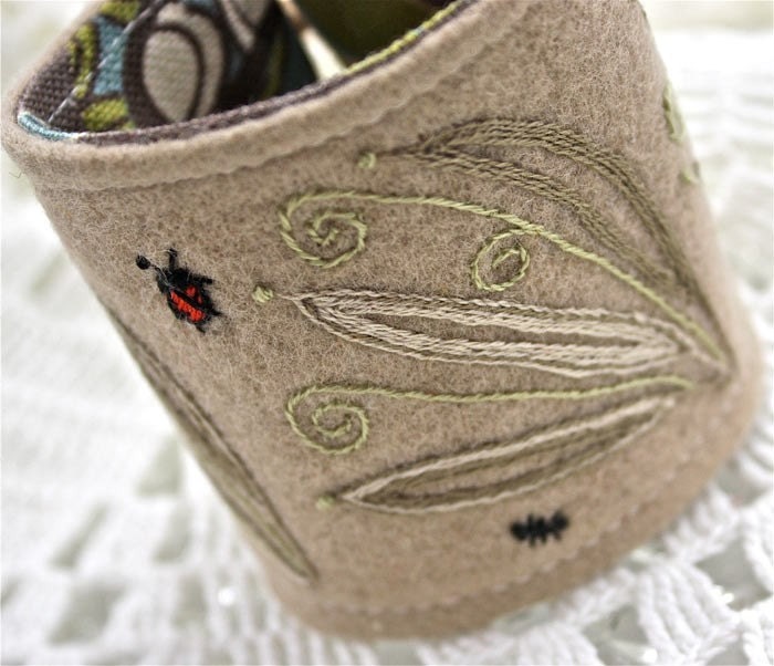 Wild Fern Textile Fabric Bracelet Wrist Cuff Hand Embroidery  with Ladybug and Ant