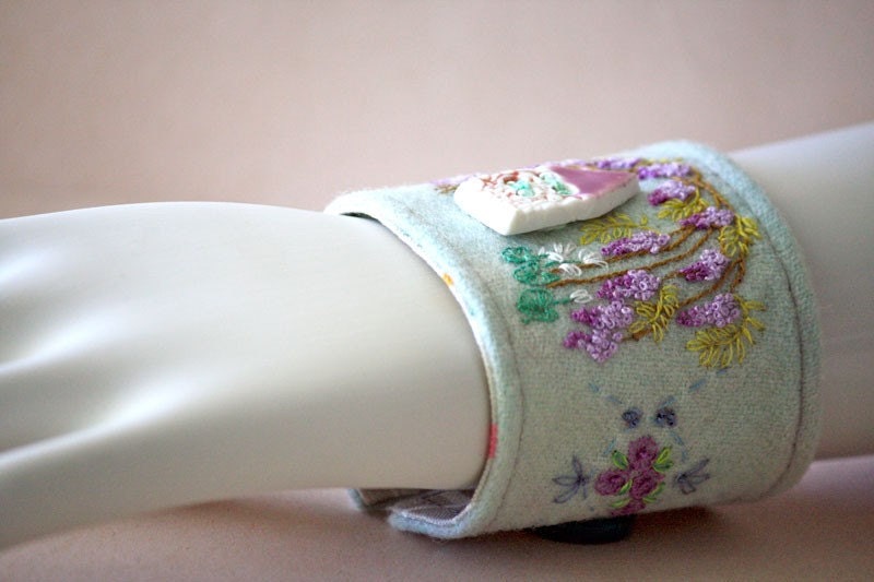 Hand Embroidery Fabric Bracelet Textile Cuff Wrist Wisteria Cottage Embroidered