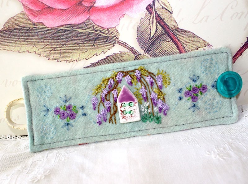 Hand Embroidery Fabric Bracelet Textile Cuff Wrist Wisteria Cottage Embroidered
